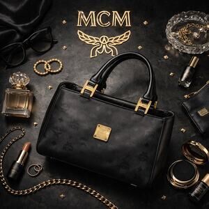 Authenticated MCM Small Black Visetos Jacquard Canvas & Calfskin Leather Purse